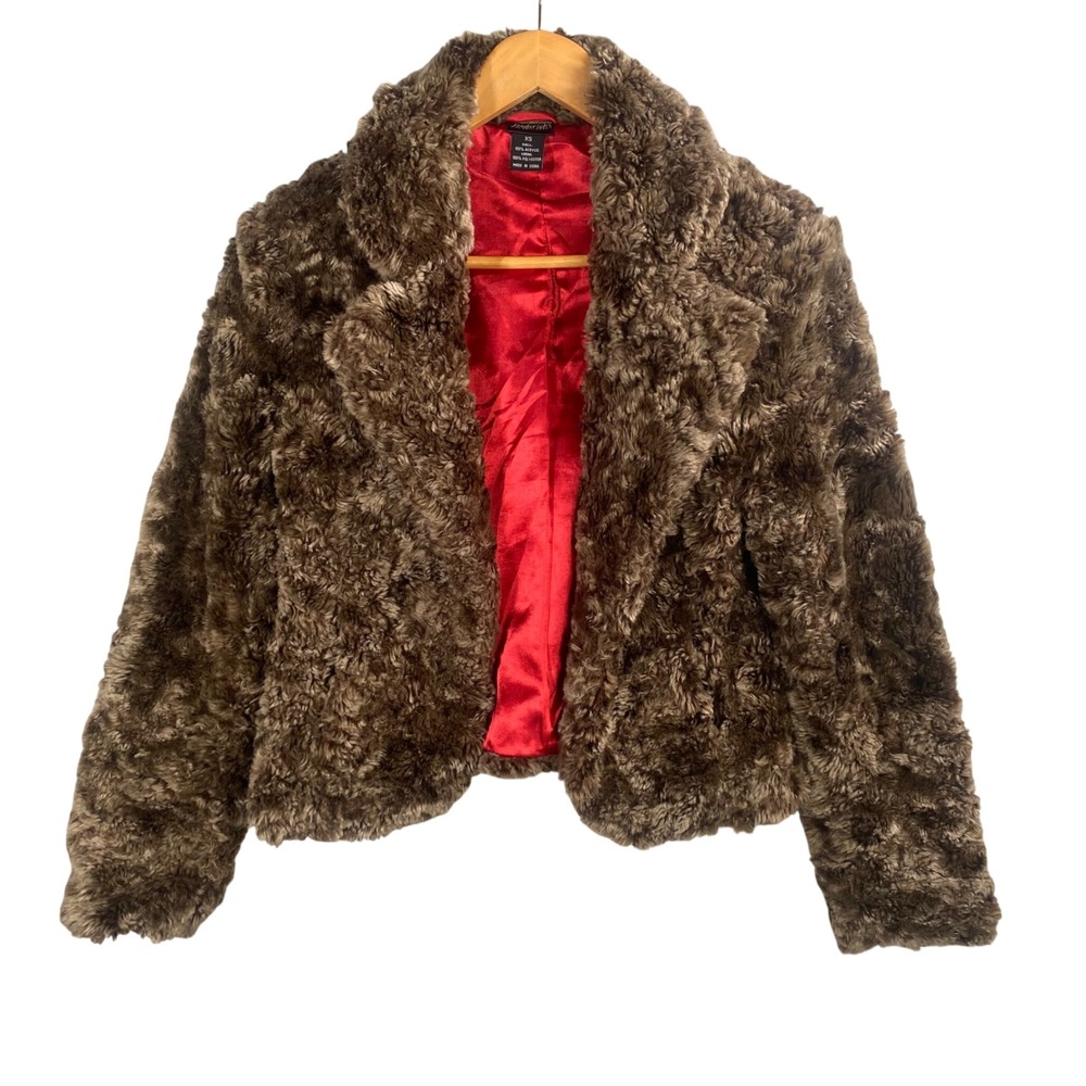 Fredericks of‎ Hollywood Brown Faux Fur Jacket Coat XS Y2k Statement Indie Glam